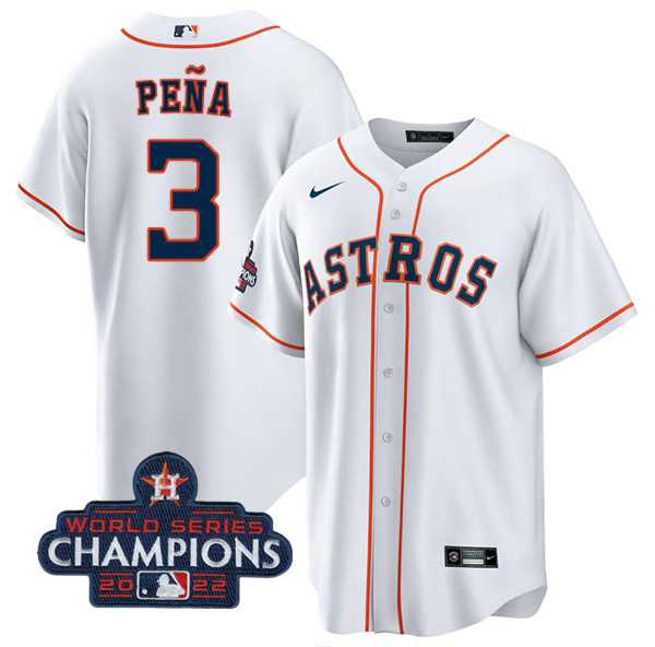 Mens Houston Astros #3 Jeremy Pena White 2022 World Series Champions Cool Base Stitched Baseball Jersey